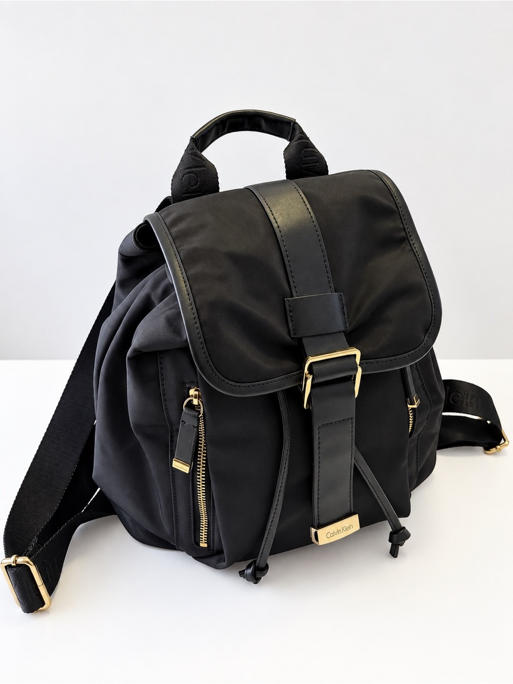 Calvin Klein Black Nylon Backpack with Gold Hardware Accents